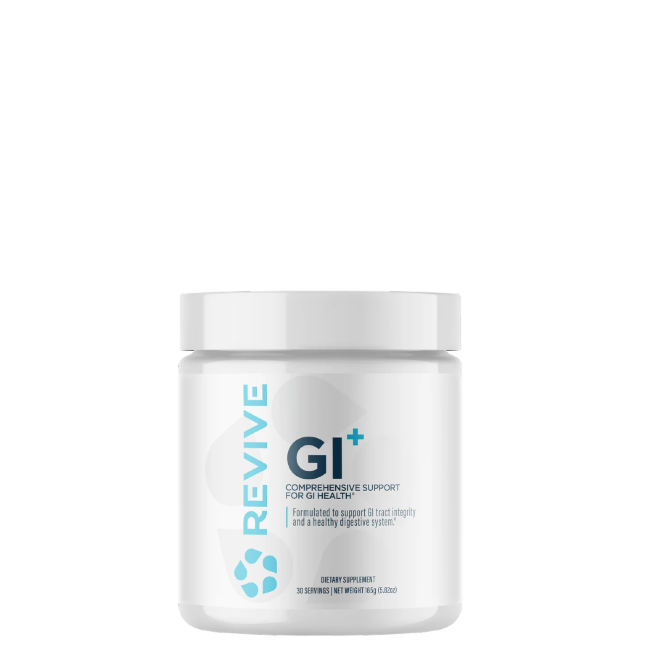 A container of Revive GI+ supplement, designed for digestive health, with a white and blue label.