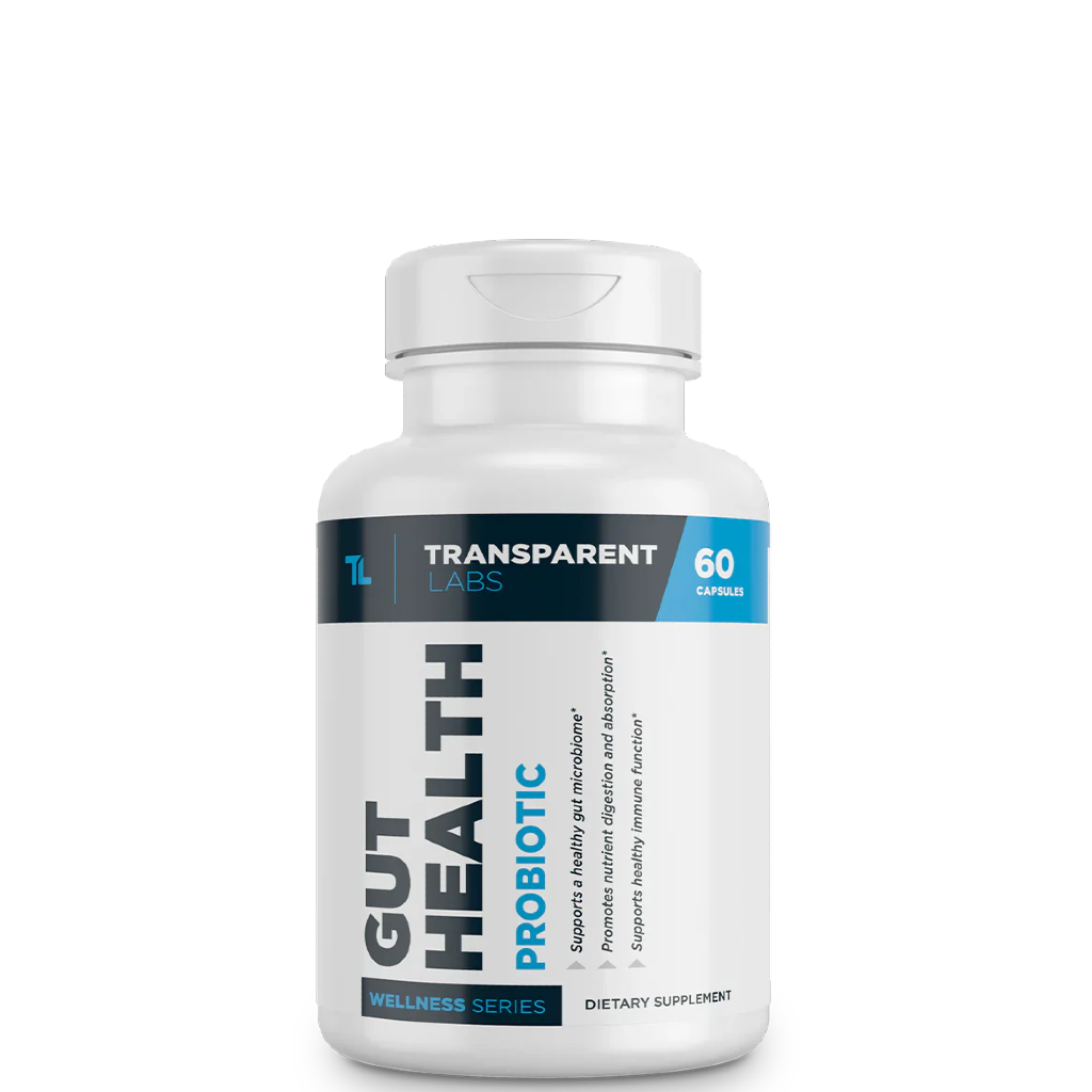 A bottle of Transparent Labs Gut Health Series Probiotic supplement with 100 billion CFUs per serving, 60 capsules.