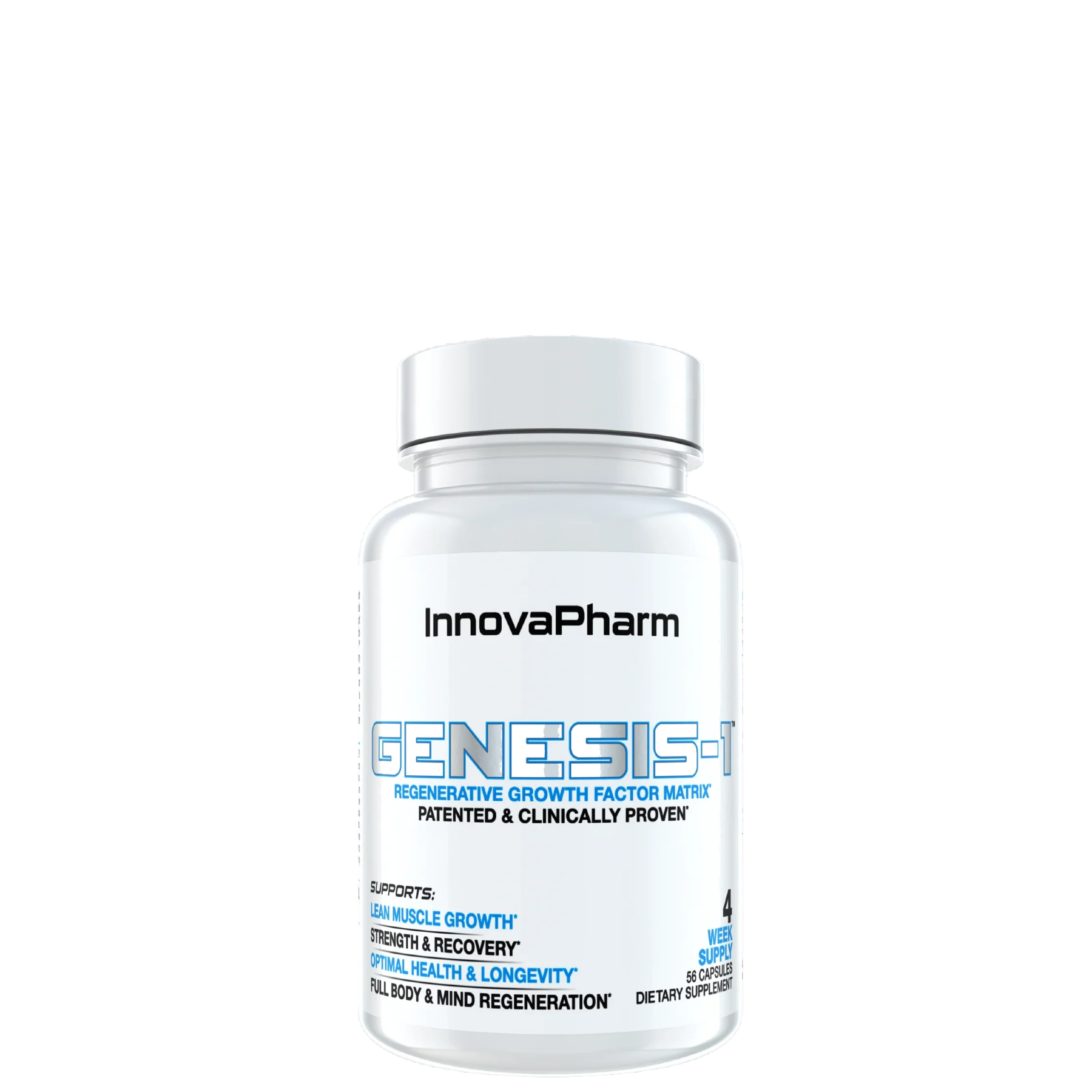 A bottle of GENESIS-1 supplement by InnovaPharm with blue and white label.