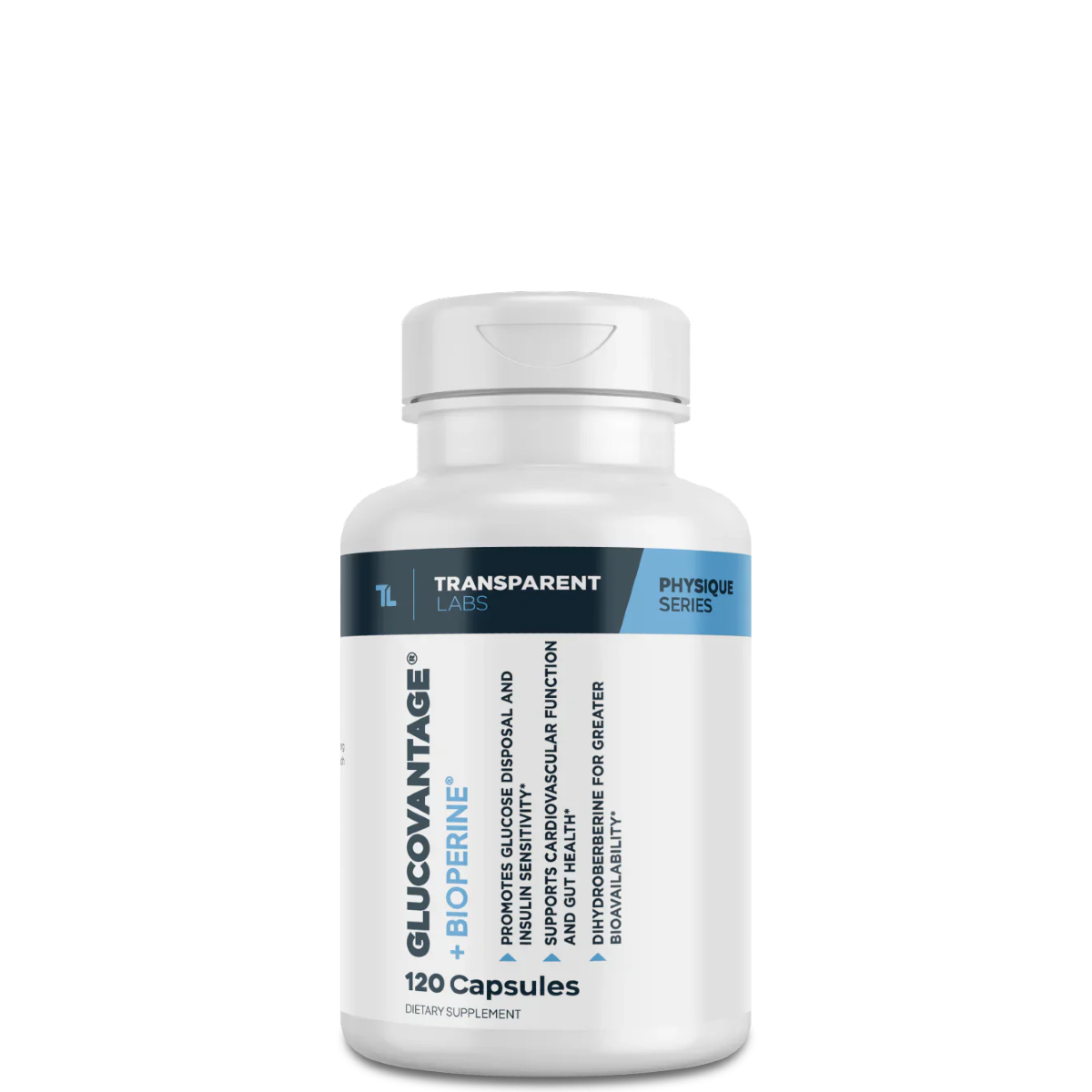 A bottle of GlucoVantage + BioPerine capsules by Transparent Labs with 120 capsules.
