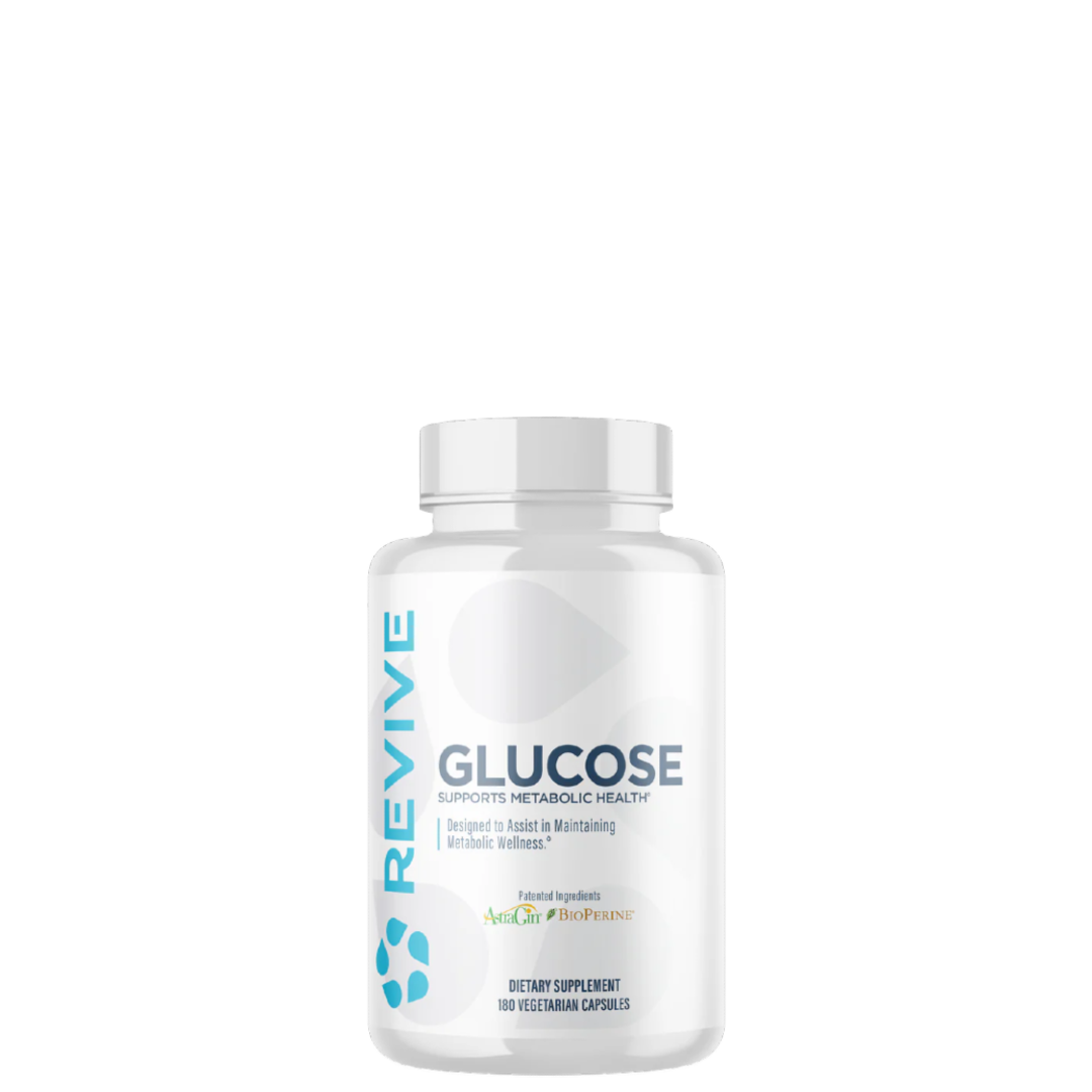 A bottle of Revive Supplements Glucose, designed to support healthy blood sugar levels.