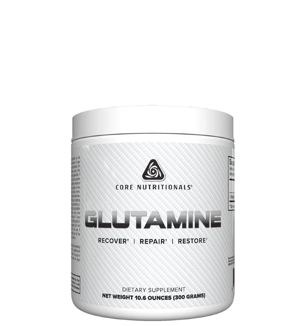 A container of CORE NUTRITIONALS Glutamine, which is a white dietary supplement powder, with the product name and brand prominently displayed on the label.