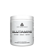 A container of CORE NUTRITIONALS Glutamine, which is a white dietary supplement powder, with the product name and brand prominently displayed on the label.