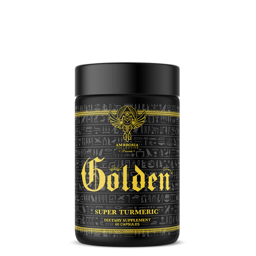 A black container of Golden Super Turmeric dietary supplement with yellow and white text and design elements.