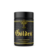 A black container of Golden Super Turmeric dietary supplement with yellow and white text and design elements.