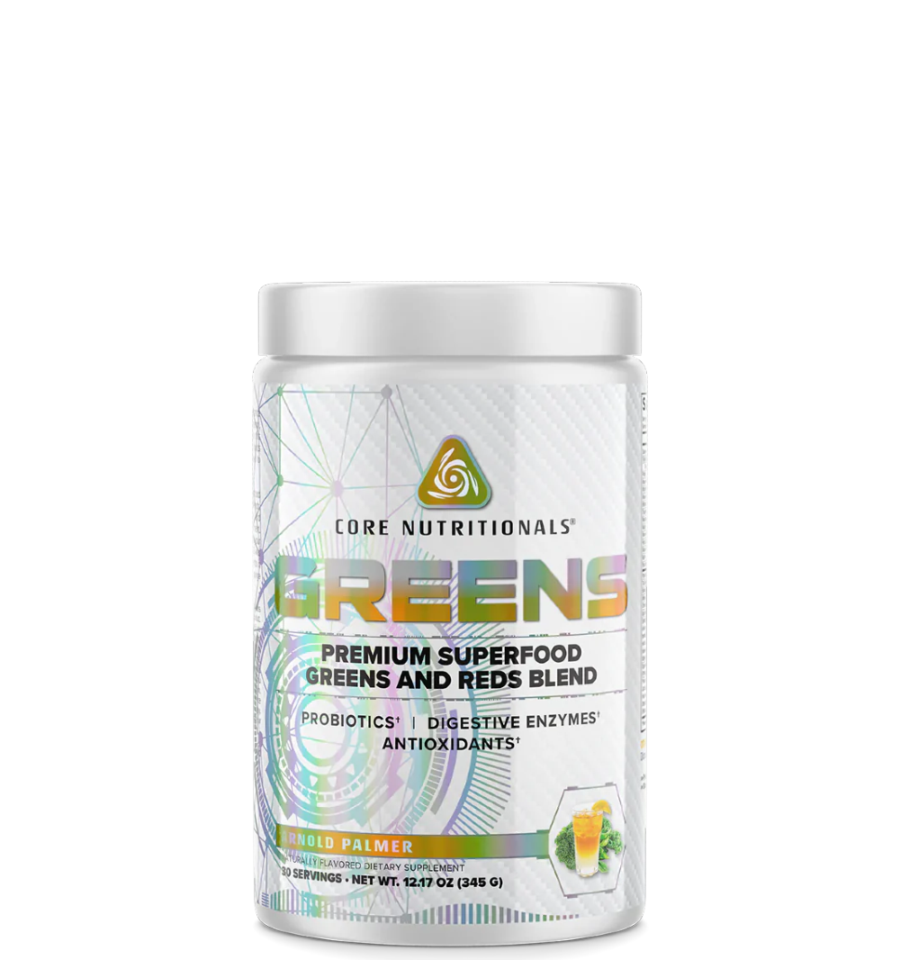 A container of CORE NUTRITIONALS GREENS, which is a premium superfood greens and reds supplement with probiotics and digestive enzymes.