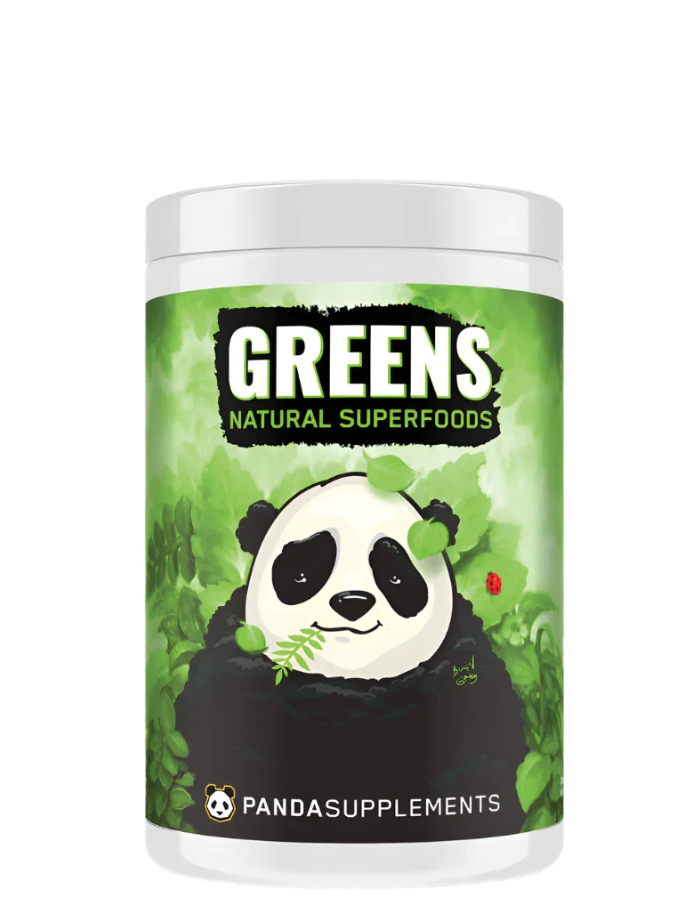 A container of Panda Supps Natural Greens Superfoods powder with a green pineapple flavor theme and an illustration of a panda on the label.