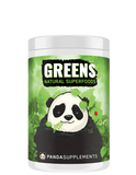 A container of Panda Supps Natural Greens Superfoods powder with a green pineapple flavor theme and an illustration of a panda on the label.