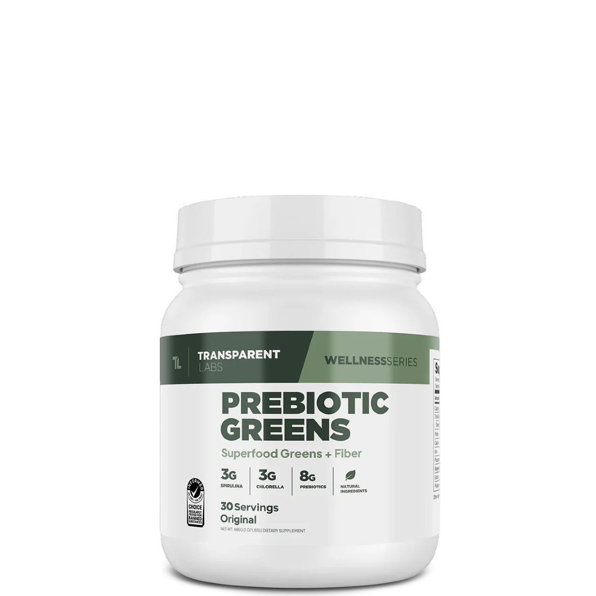 A white container labeled 'Transparent Wellness Series Prebiotic Greens' with additional text stating 'Superfood Greens + Fiber' and indicating 30 servings.