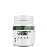 A white container labeled 'Transparent Wellness Series Prebiotic Greens' with additional text stating 'Superfood Greens + Fiber' and indicating 30 servings.