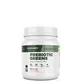 A white container labeled 'Transparent Wellness Series Prebiotic Greens' with additional text stating 'Superfood Greens + Fiber' and indicating 30 servings.