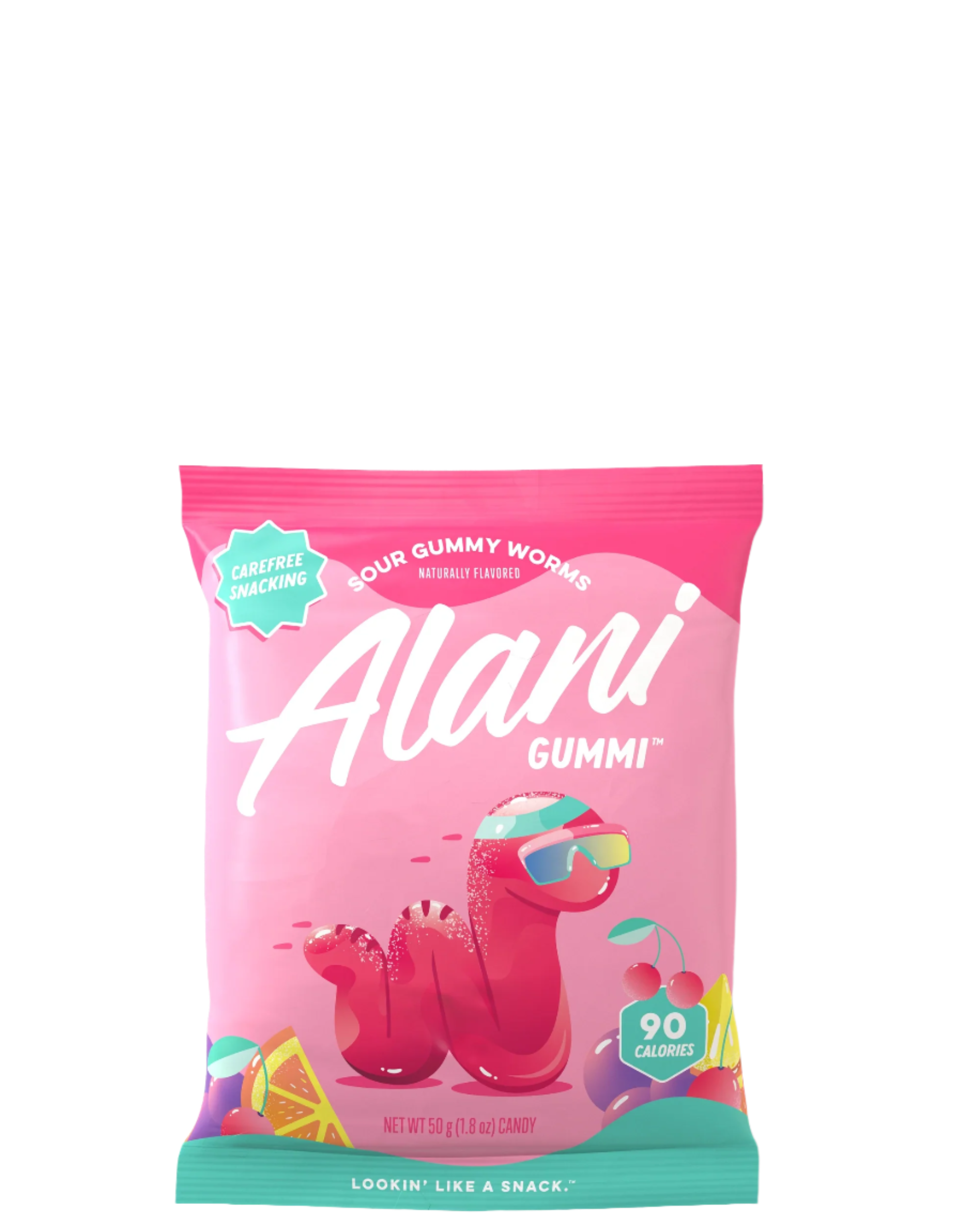 A package of Alani Gummi gummy bears with a pink background featuring images of the gummy bears in different flavors such as watermelon, grape, and fruit punch.