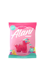 A package of Alani Gummi gummy bears with a pink background featuring images of the gummy bears in different flavors such as watermelon, grape, and fruit punch.