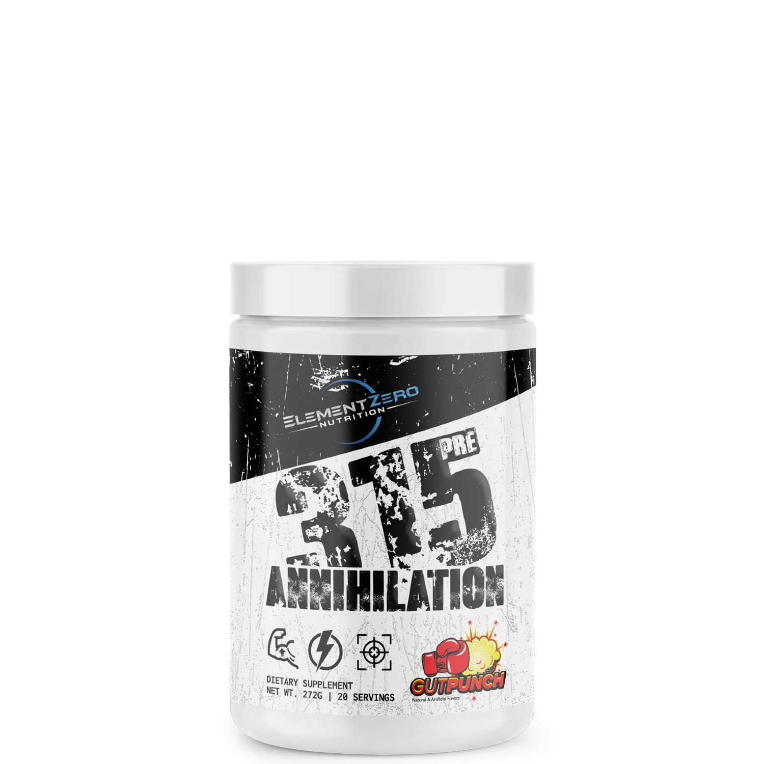 A container of Element Zero 315pre Annihilation, a pre-workout supplement with graphics and text on the label.