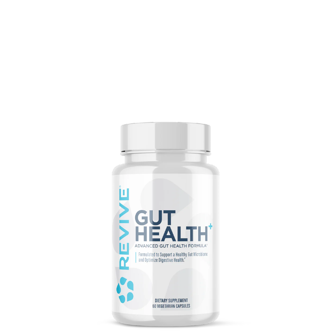 A white bottle with a blue and green label that reads 'GUT HEALTH', manufactured by Revive.