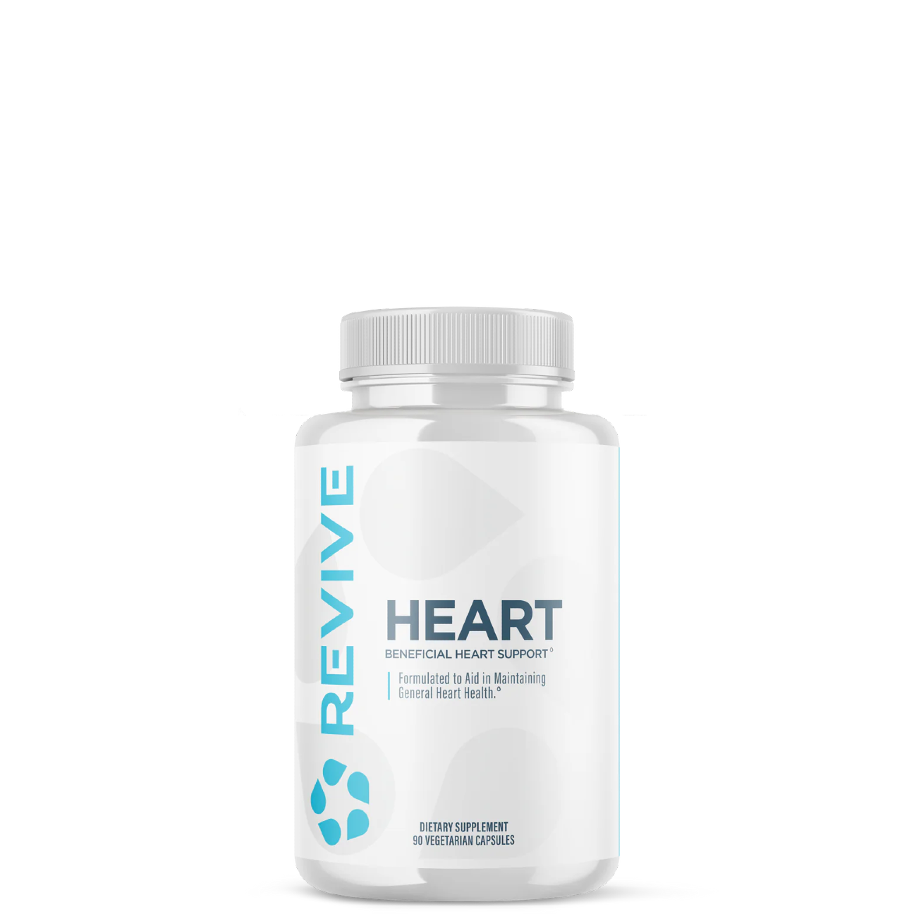 A clear bottle labeled 'REVIVE HEART' containing supplements designed to support heart health.