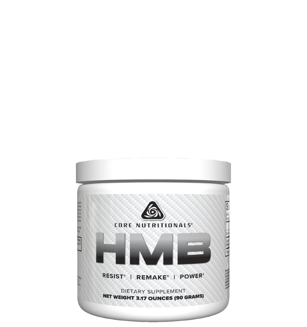 A container of Core Nutritionals' HMB dietary supplement with a white label on a black background.