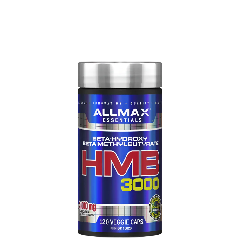 A container of ALLMAX ESSENTIALS Beta-Hydroxy Beta-Methylbutyrate HMB 3000 supplement with 120 veggie caps.