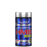 A container of ALLMAX ESSENTIALS Beta-Hydroxy Beta-Methylbutyrate HMB 3000 supplement with 120 veggie caps.