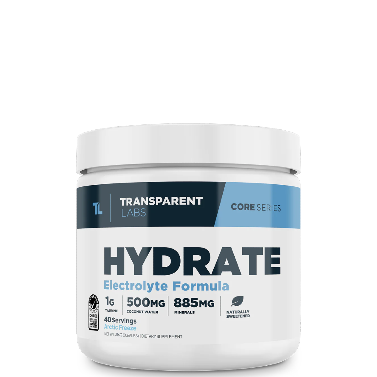 A container of Transparent Labs Hydrate Electrolyte Formula powder in the flavor Lemon Lime, part of the CORE SERIES.