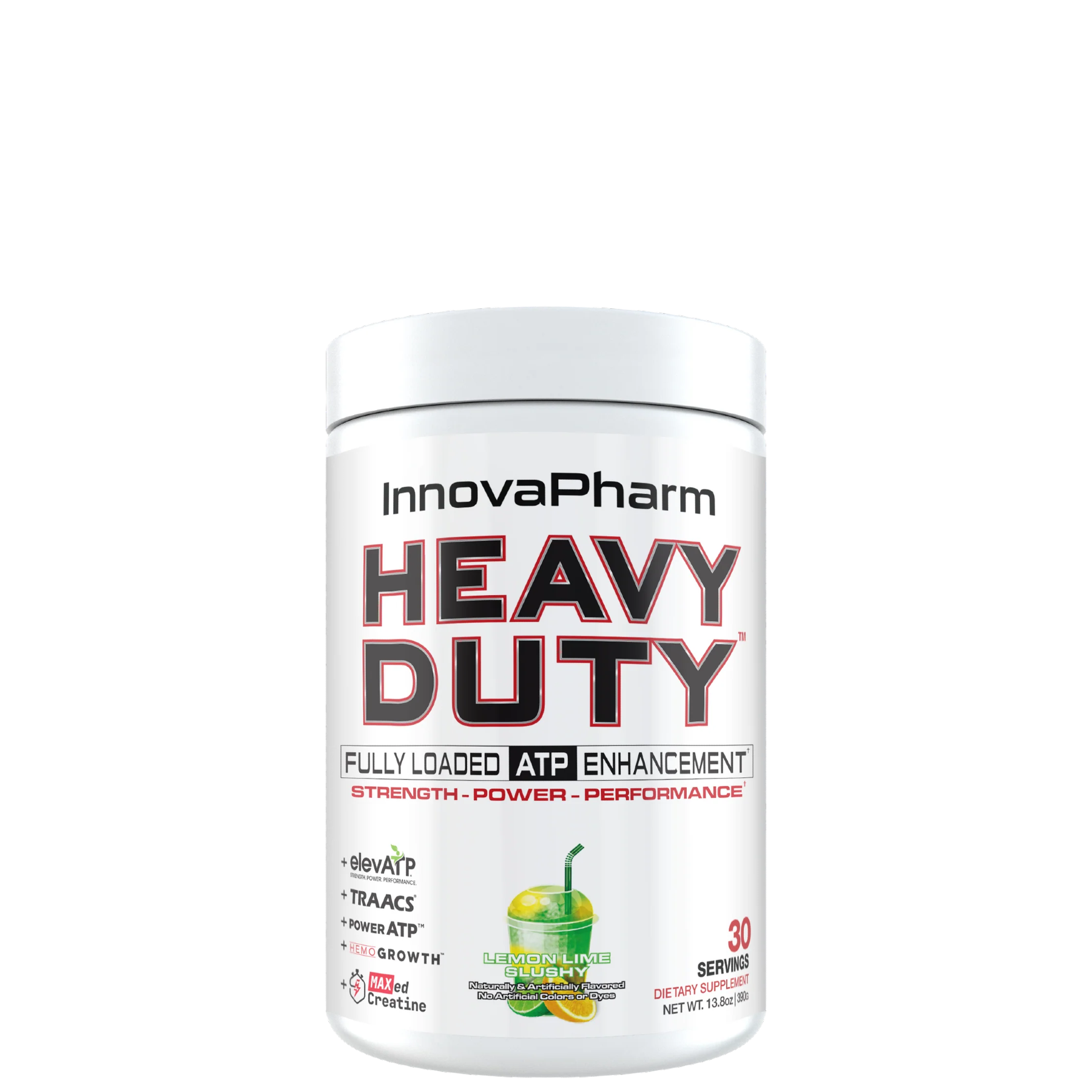 A container of InnovaPharm Heavy Duty supplement powder with a green apple flavor label.