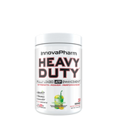 A container of InnovaPharm Heavy Duty supplement powder with a green apple flavor label.