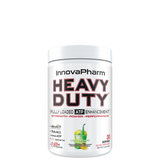 A container of InnovaPharm Heavy Duty supplement powder with a green apple flavor label.