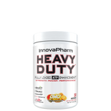 A container of InnovaPharm Heavy Duty supplement powder with an orange flavor label.