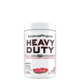 A container of InnovaPharm Heavy Duty supplement powder with a watermelon flavor label.