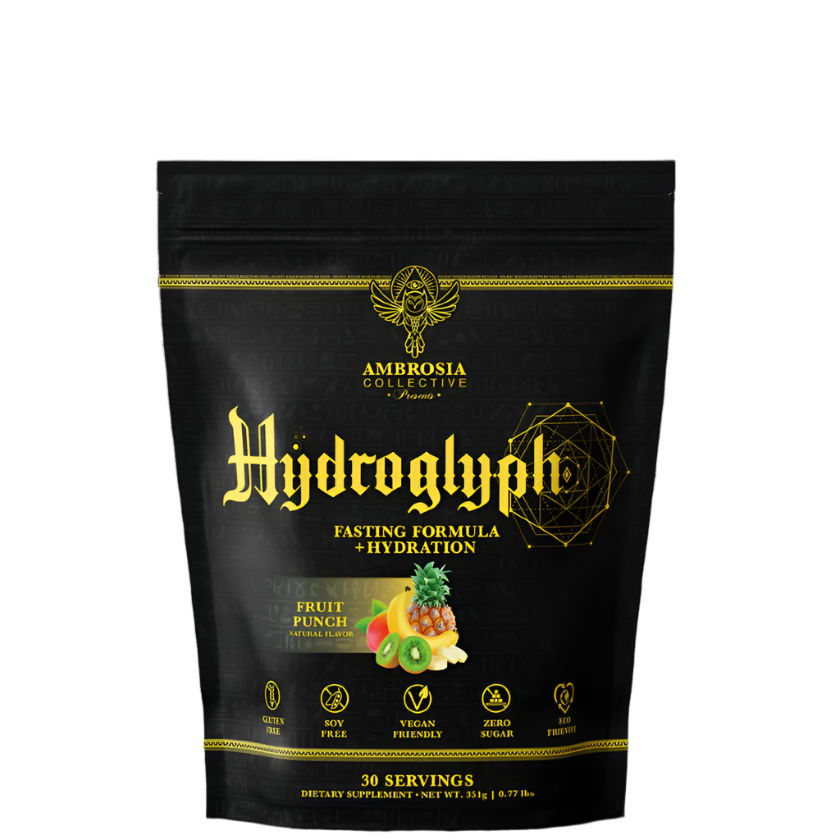 A black package of Hydroglyph fasting formula by Ambrosia Collective, with gold and green text, and an illustration of fruits and leaves.