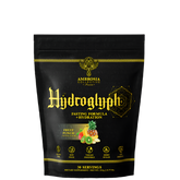 A black package of Hydroglyph fasting formula by Ambrosia Collective, with gold and green text, and an illustration of fruits and leaves.