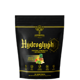 A black package of Hydroglyph fasting formula by Ambrosia Collective, with gold and green text, and an illustration of fruits and leaves.