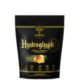 A black package of Hydroglyph fasting formula by Ambrosia Collective, with gold and green text, and an illustration of fruits and leaves.