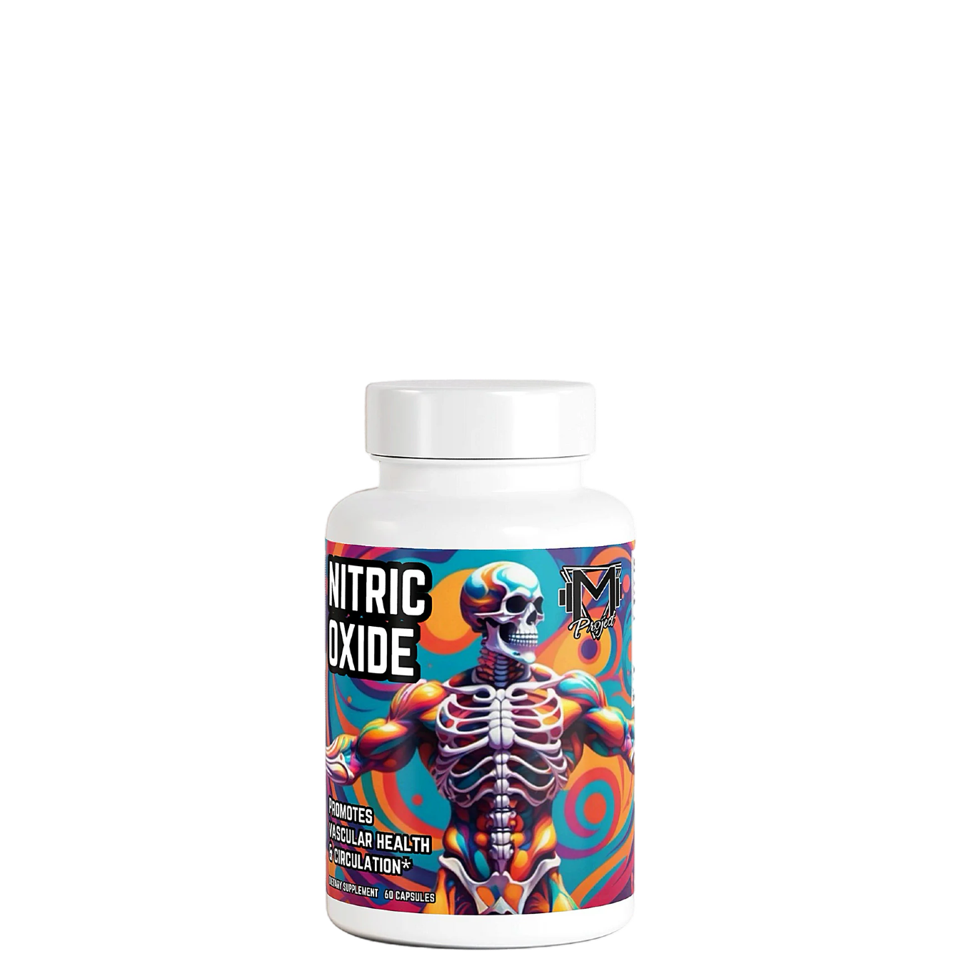 A bottle of Nitric Oxide Pump Capsules by Project M with a colorful design featuring a skeleton and muscles.