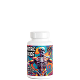 A bottle of Nitric Oxide Pump Capsules by Project M with a colorful design featuring a skeleton and muscles.