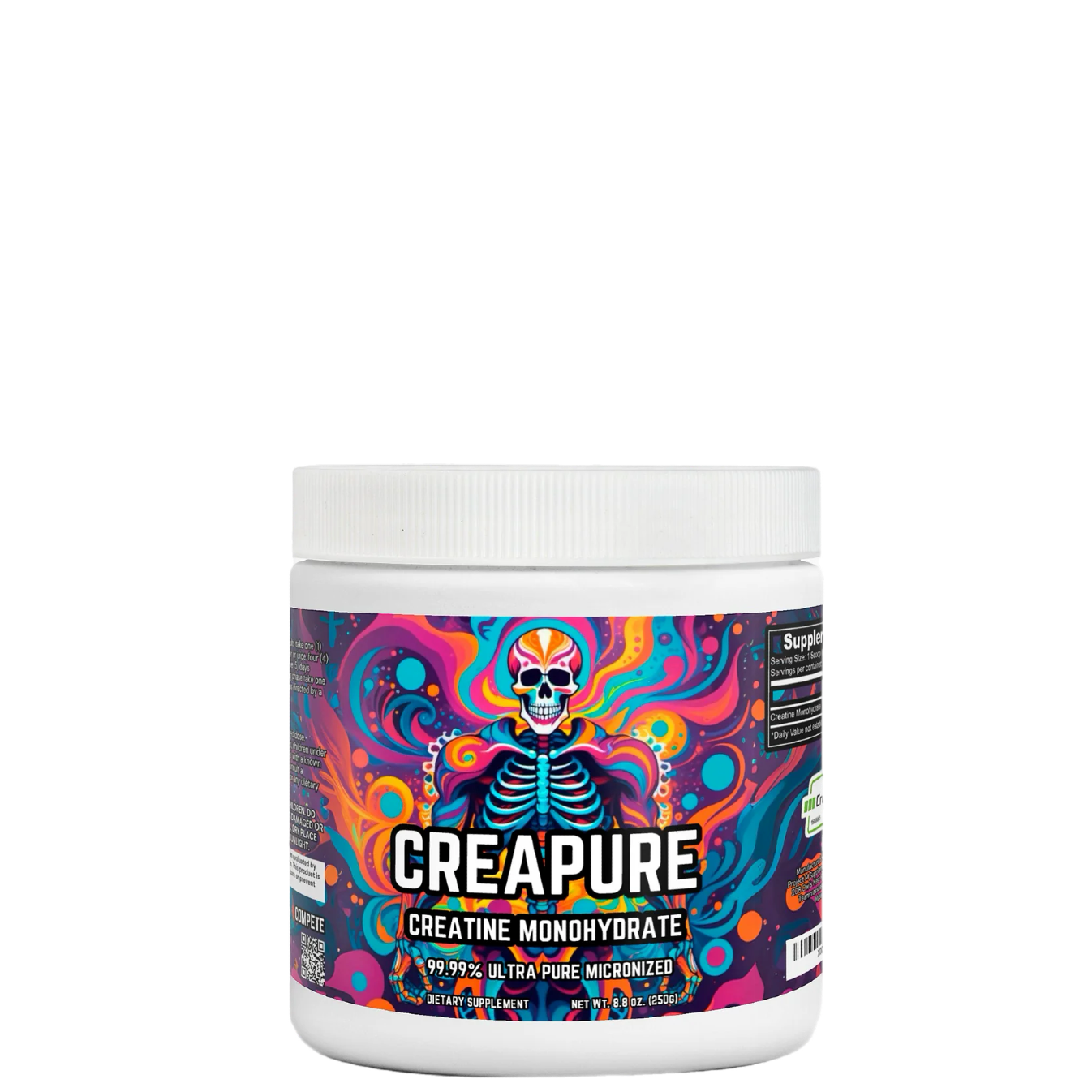 A container of CREAPURE Creatine Monohydrate with colorful and vibrant graphic design featuring a skeleton and various colors