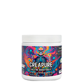 A container of CREAPURE Creatine Monohydrate with colorful and vibrant graphic design featuring a skeleton and various colors