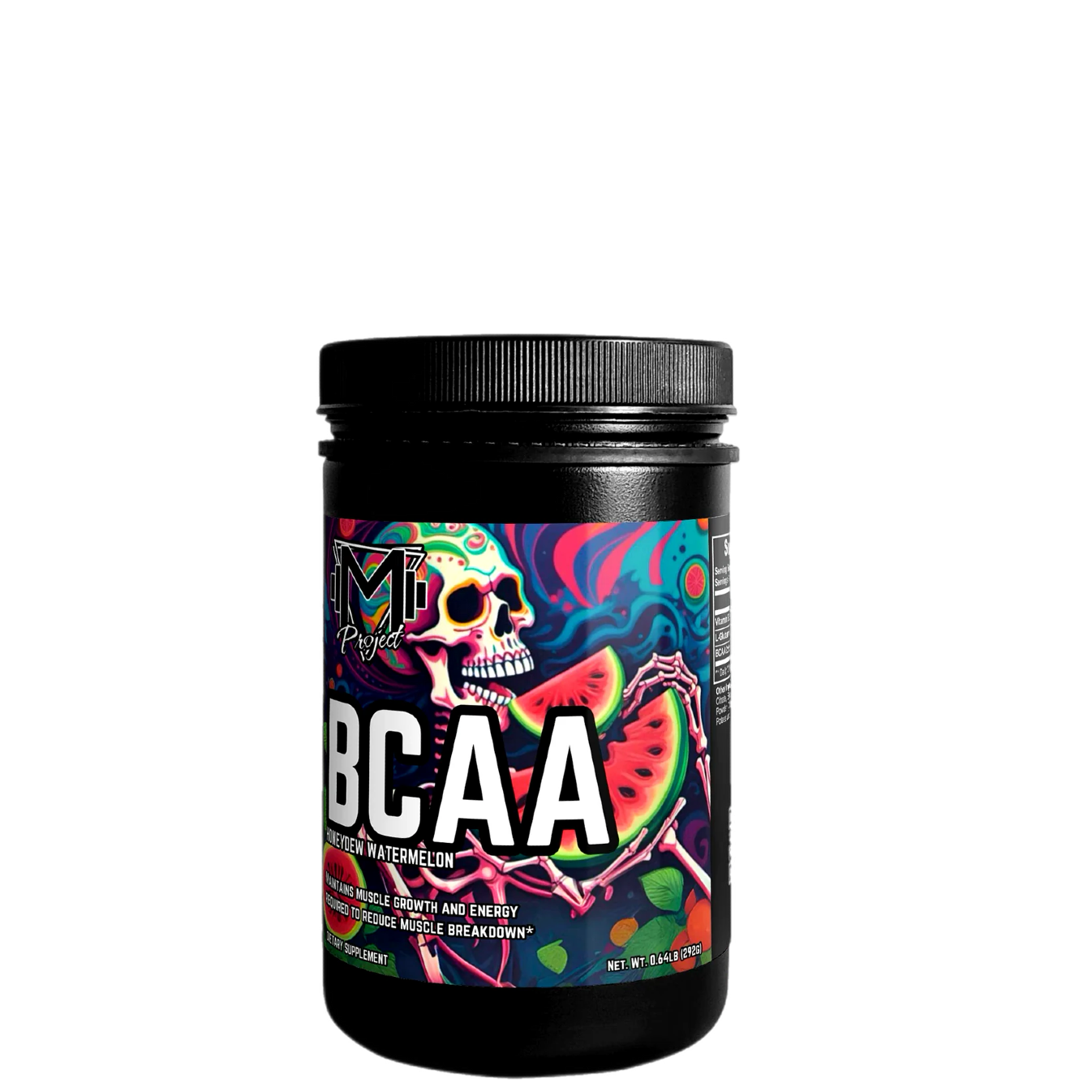 A container of BCAA supplement powder with colorful label featuring artistic illustrations.