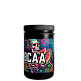 A container of BCAA supplement powder with colorful label featuring artistic illustrations.