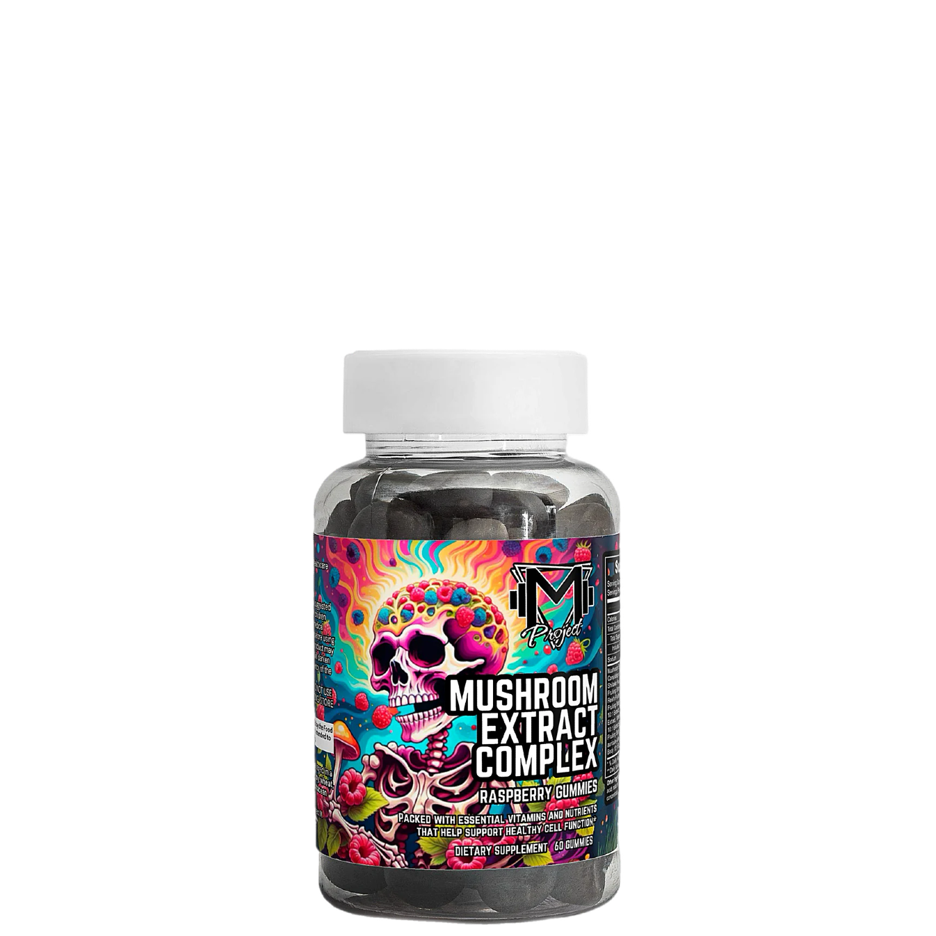 A bottle of Project M Mushroom Extract Complex Gummies with colorful label featuring a skull and various mushrooms.