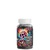 A bottle of Project M Mushroom Extract Complex Gummies with colorful label featuring a skull and various mushrooms.