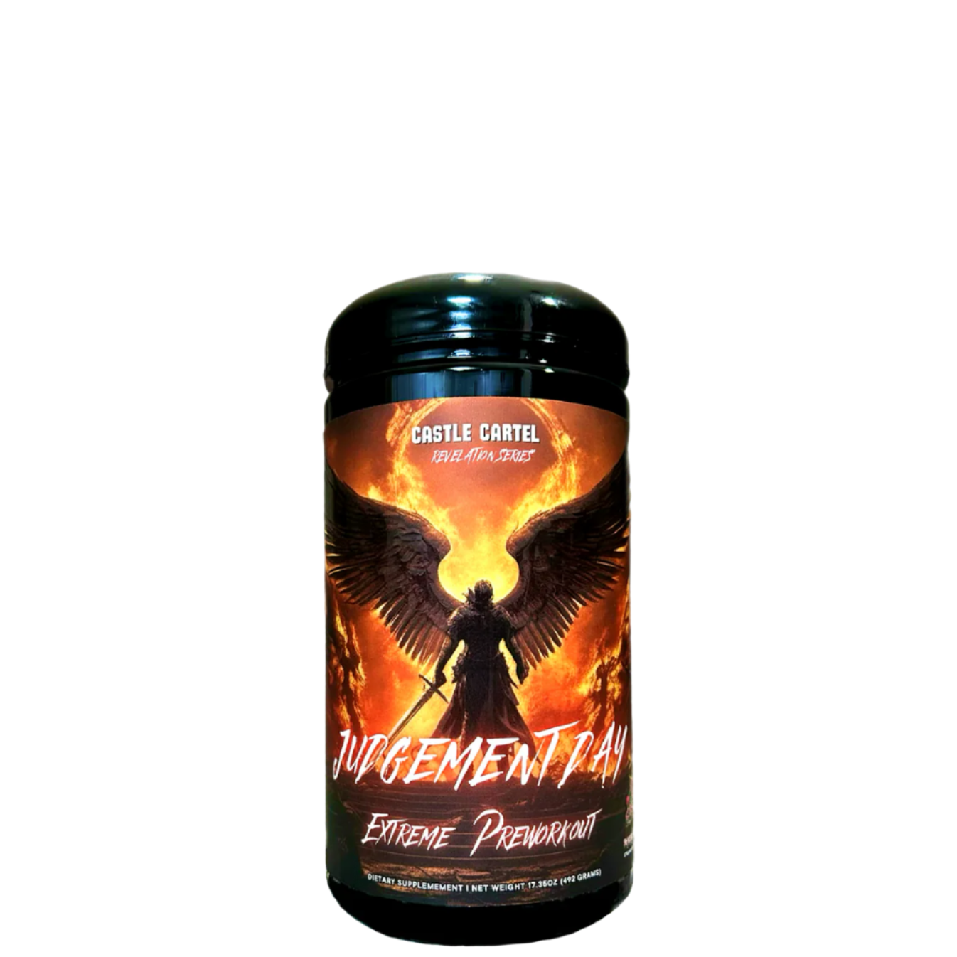 A container of Judgement Day Extreme Preworkout by Castle Cartel with a black background featuring an illustration of a winged figure.