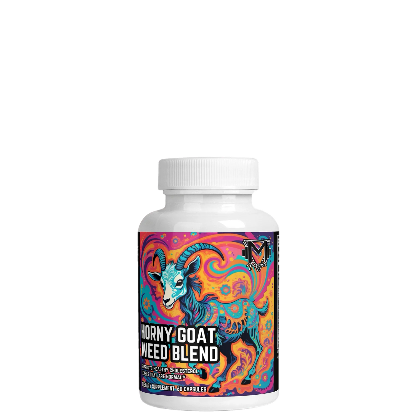 Supplement bottle with colorful label featuring a goat on a white background