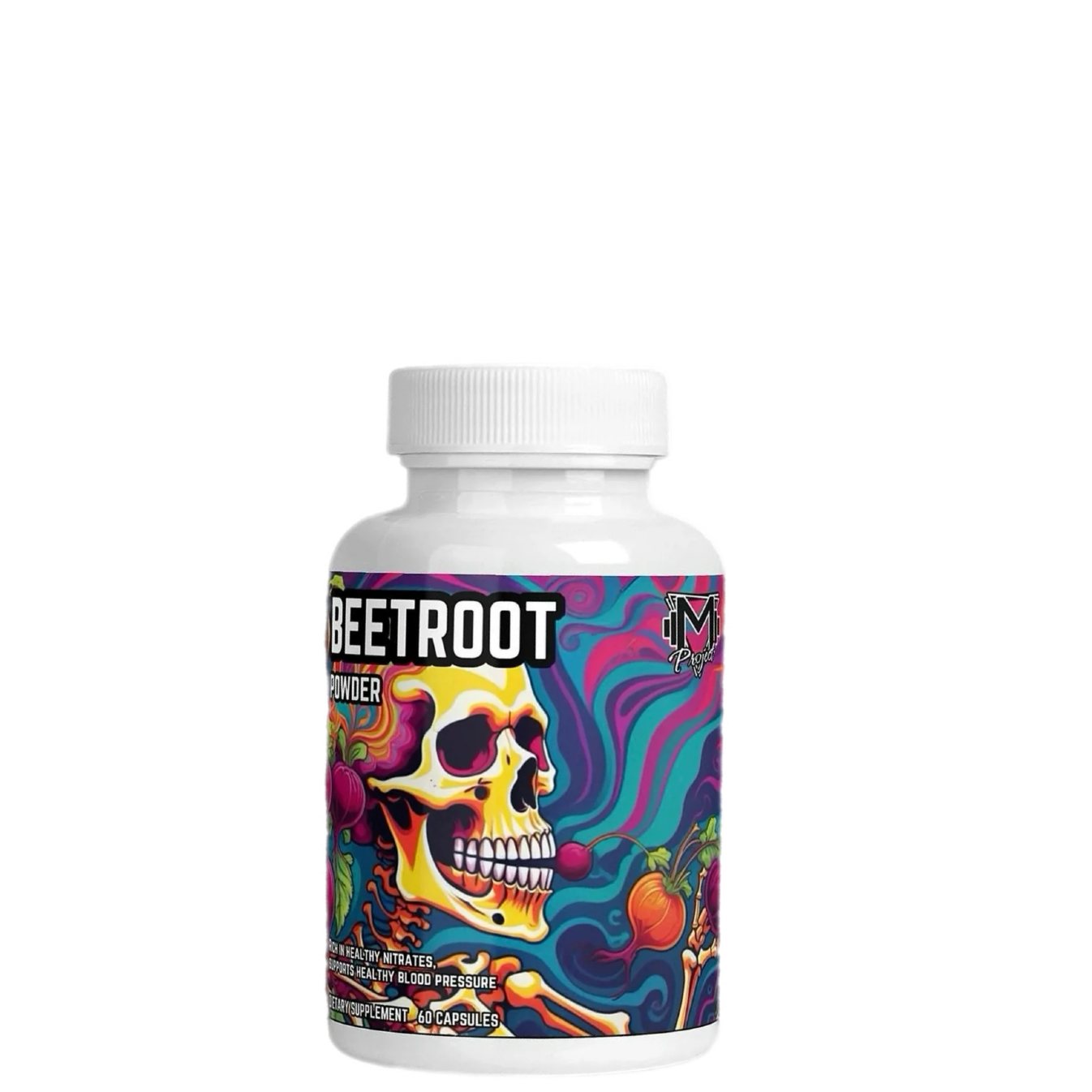 A bottle of Beetroot Powder by Project M with colorful label featuring a skull and beetroot illustrations.