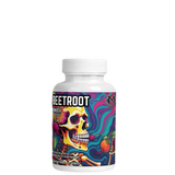 A bottle of Beetroot Powder by Project M with colorful label featuring a skull and beetroot illustrations.