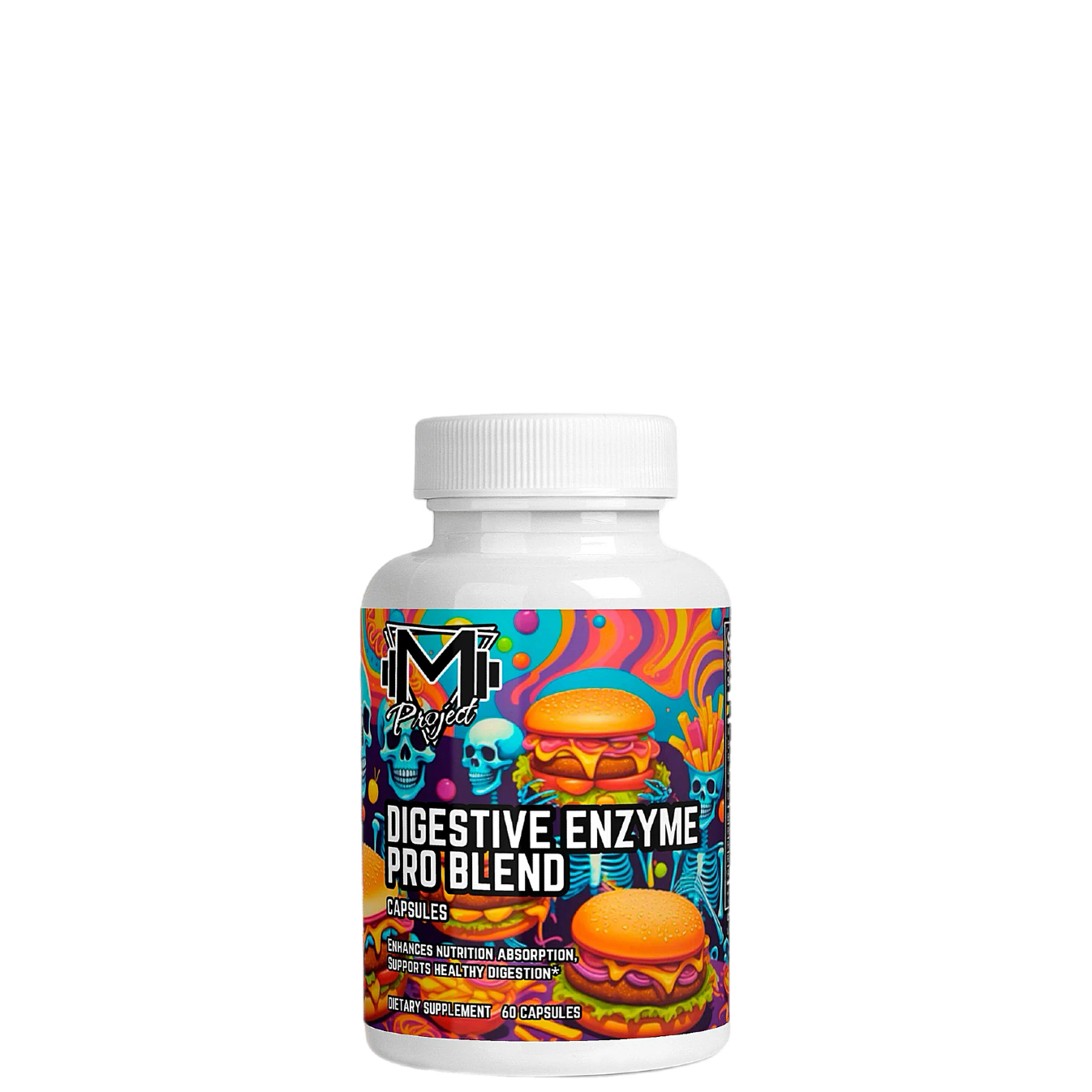 A bottle of Digestive Enzyme Pro Blend by Project M with colorful label featuring a cheeseburger and scientific patterns.