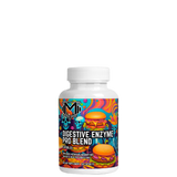 A bottle of Digestive Enzyme Pro Blend by Project M with colorful label featuring a cheeseburger and scientific patterns.