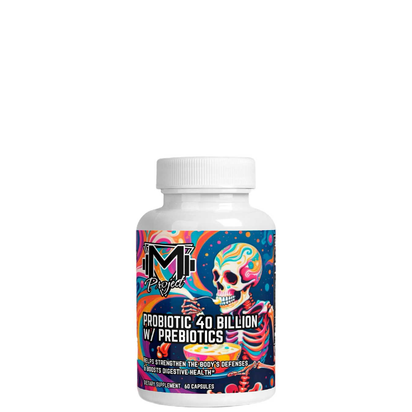 A bottle of Probiotic 40 Billion with Prebiotics by Project M with colorful label featuring a skull and bacteria illustrations.