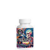 A bottle of Probiotic 40 Billion with Prebiotics by Project M with colorful label featuring a skull and bacteria illustrations.