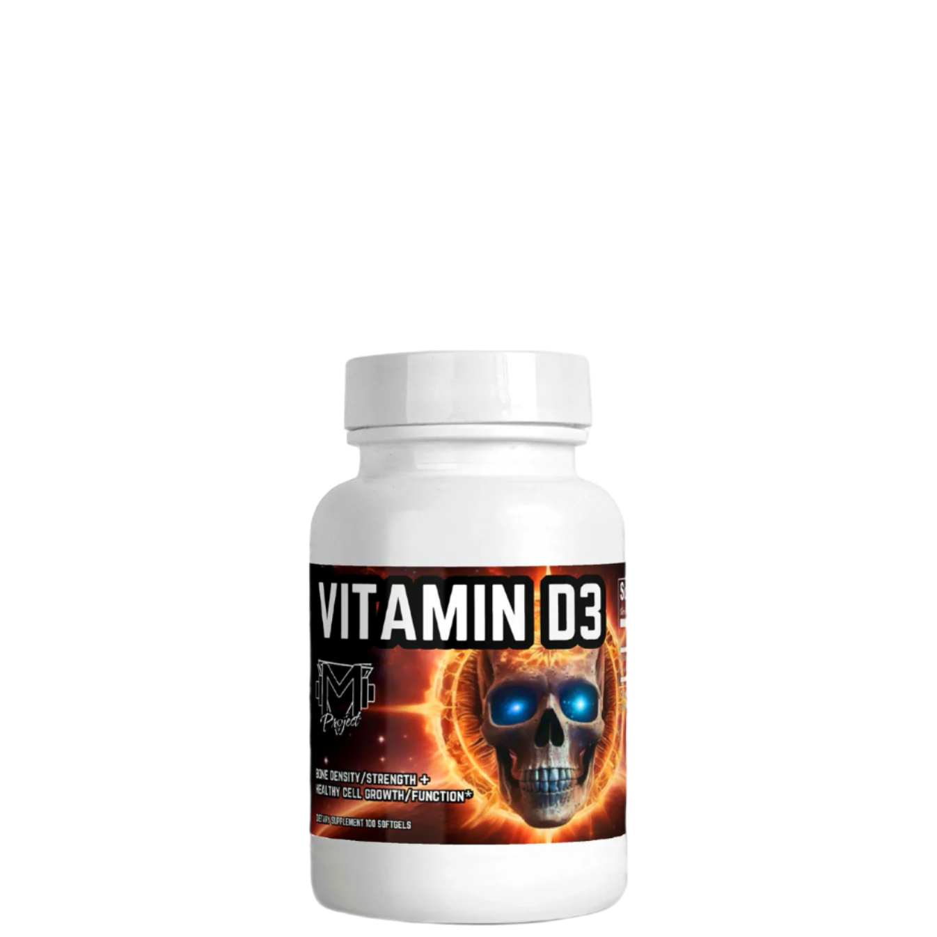 A bottle of Vitamin D3 softgels with a label featuring a metallic skull and crossbones design.